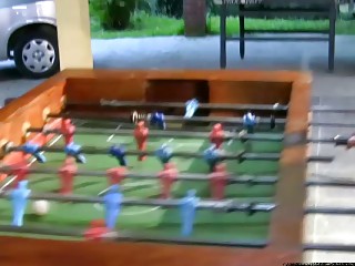 Big butt shemales have ass fucking foursome after playing foosball